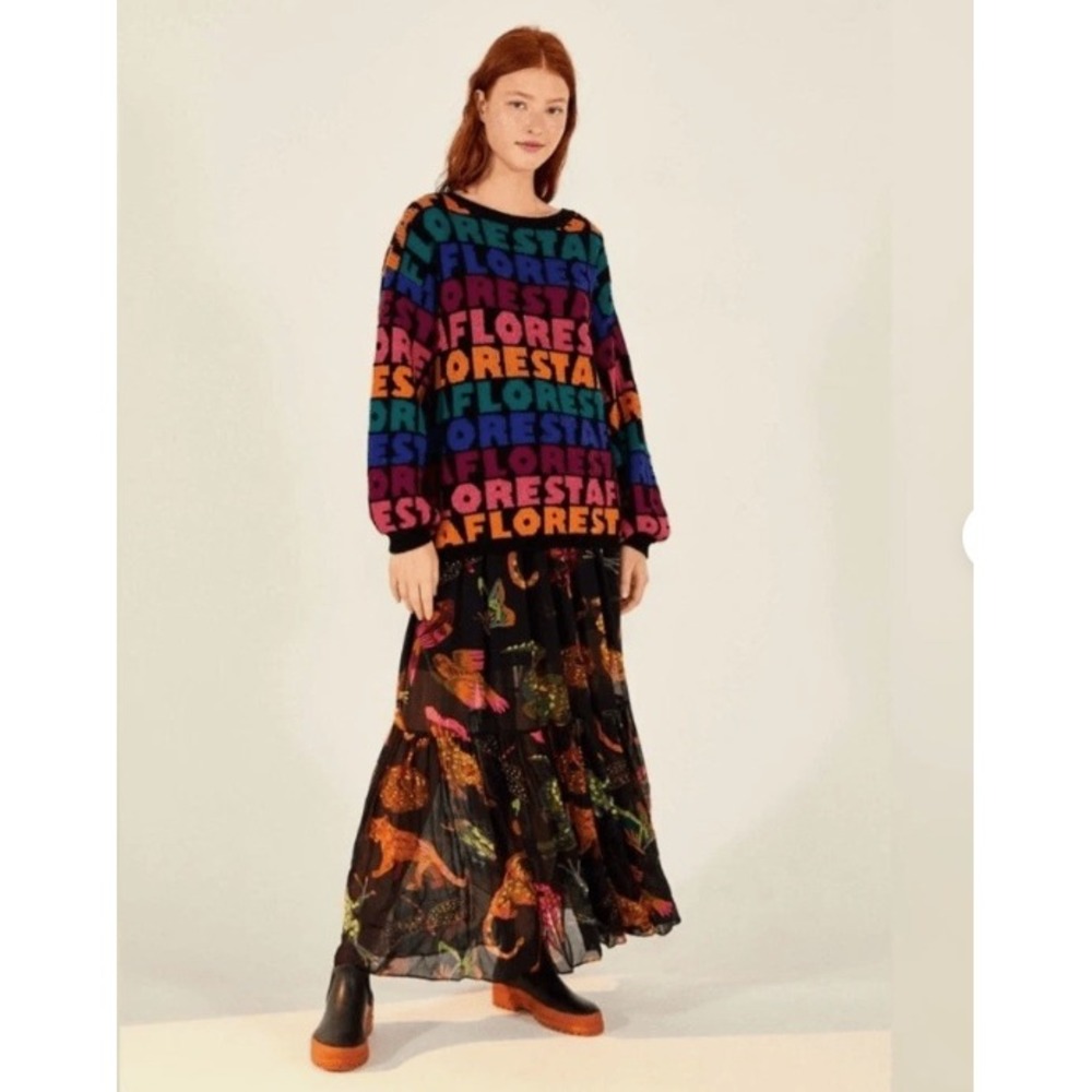 Farm Rio Rainbow Foresta Knit Sweater Womens M Black Multicolor Typography